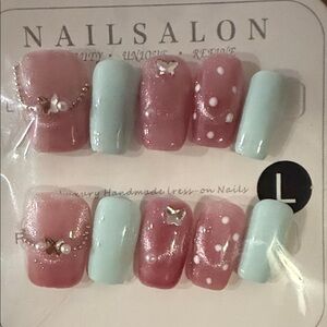 Pink and Blue Press-On Nails with Pearl and Butterfly Accents